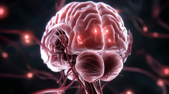 Rendered medical animation showing the structure and function of the cerebellum in a human brain with blood vessels