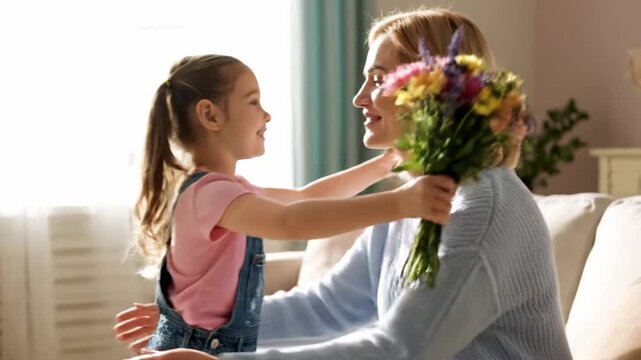 girl gives his mother a bouquet of flowers at home in a warm and cozy setting. She smiles with joy and gratitude. Concept of Mother's Day celebration and family love. Mid-range shot natural light