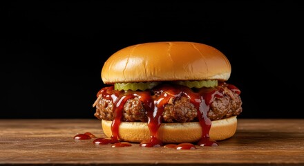 Close-up view of a hearty, messy pulled pork sandwich served on a soft bun, saturated with sweet and smoky barbecue sauce, smoked, Pulled pork, slaw