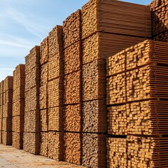 Huge organized piles of freshly milled and treated wood planks stacked high at a large commercial lumber storage facility yard, commercial, storage, volume