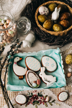 Easter cookies with decorative eggs and spring theme