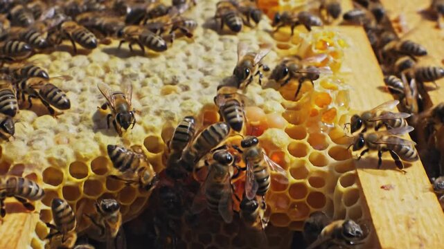 Close-up of busy honeybees working on honeycomb, collecting nectar, and producing honey