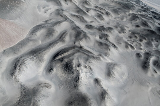 Aerial view of solidified lava and volcanic soil textures