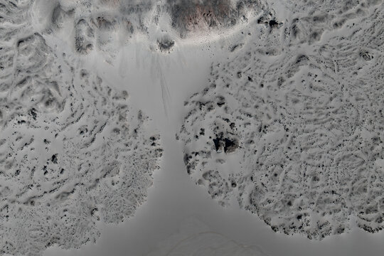 Aerial view of solidified lava and volcanic soil textures