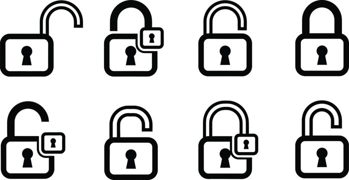 A collection of eight black and white line art padlock icons, illustrating both open and closed states for security and access concepts.