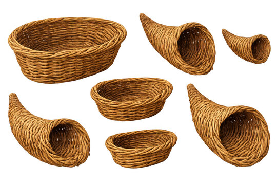 Woven wicker baskets and cornucopia set for harvest and autumn celebrations, empty traditional containers with transparent background