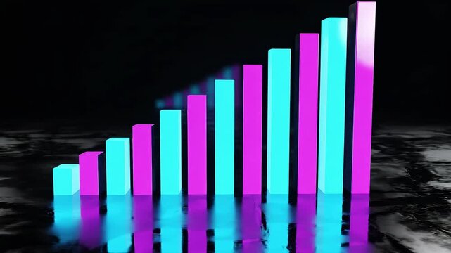 3D neon bar graph rising sequentially, glowing cyan and magenta bars, reflective glossy floo prob4