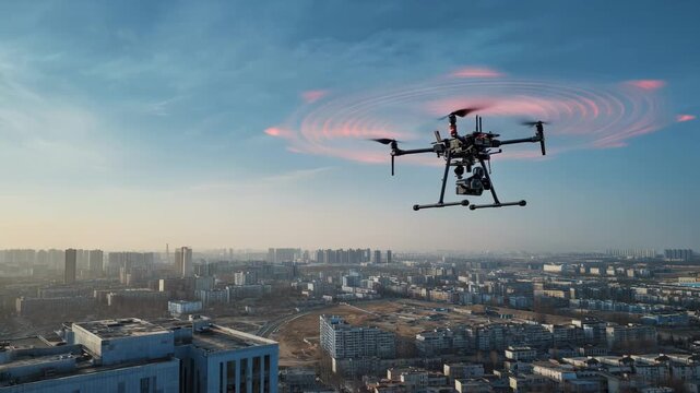 Medium shot capturing an advanced drone detection system being deployed on a rooftop in a cityscape emphasizing the protection against unauthorized aerial vehicles.