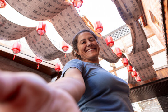 Red lanterns and calligraphy in Chongqing, China courtyard