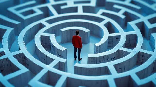 Person in red jacket standing inside a complex maze representing challenges and decision-making in life and business situations