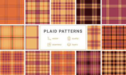 Vibrant orange tartan seamless pattern with purple and black grid lines. Evokes a cozy autumn feel, perfect for textile design, warm seasonal backgrounds, and stylish digital wallpapers.