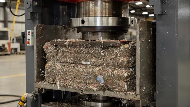 Hydraulic press midstroke applying pressure on lint inside bale box clear focus on compression chamber details with surrounding equipment blurred.