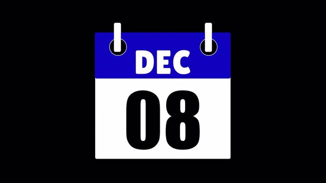 December month Calendar animation video with transparent background, Flipping pages animated through day by day of the entire month, Jan 1 to 31 date animation.