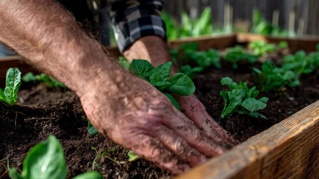 Medium shot of hands pulling weeds from a vegetable bed highlighting manual removal as an effective nonchemical weed management method in organic farming.