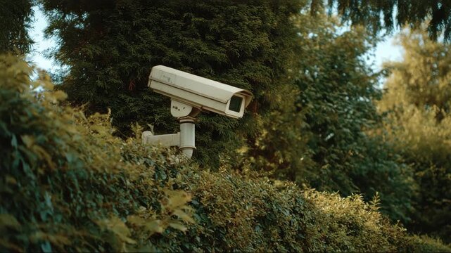 Surveillance camera mounted on a wall surrounded by greenery  