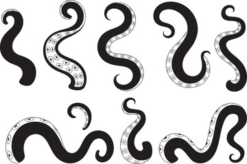 Black and white octopus tentacle set with suction cups in different curved shapes, marine sea creature silhouette illustration for tattoo, logo, ocean design, and vector art. © MSTALIFNUR