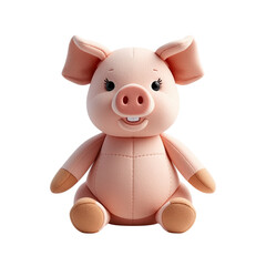 A cute pink stuffed pig toy sitting on a black background with a smiling face