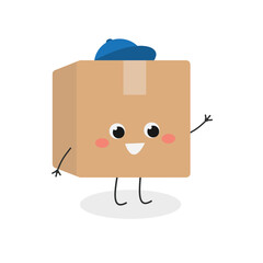 Cheerful cartoon delivery cardboard box in blue cap
