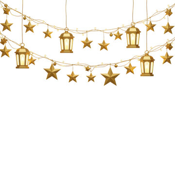 Elegant string of golden stars and festive lights hanging decoratively isolated on white background