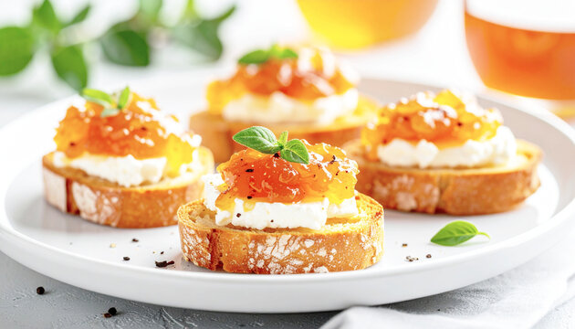 Apple marmalade and goat cheese crostini, sweet and savory, gourmet style, closeup. AI