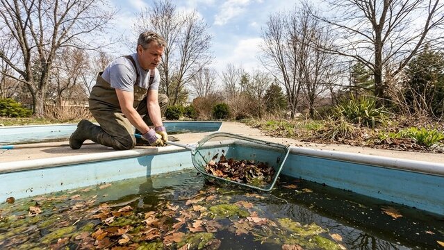 Middle aged white man kneels in empty backyard pool skimming wet leaves, spring cleaning and home maintenance task, calm outdoor weekend chore and renovation prep