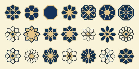 Blue Islamic Geometric Motif Set with Elegant Gold Outlines, Inspired by Traditional Arab Design, Ideal for Cultural Projects, Interior Decor, Luxury Backgrounds, and Premium Ornamental Artwork