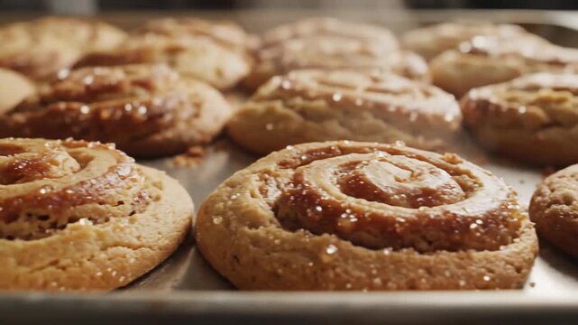 Close-up of freshly baked cinnamon swirl cookies with sparkling sugar on a baking sheet