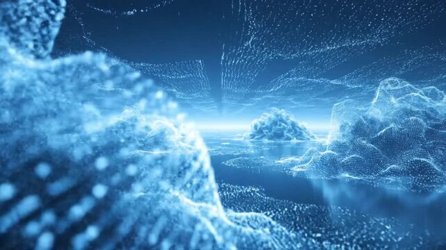 Stunning digital cloudscape with glowing blue particles and bright light