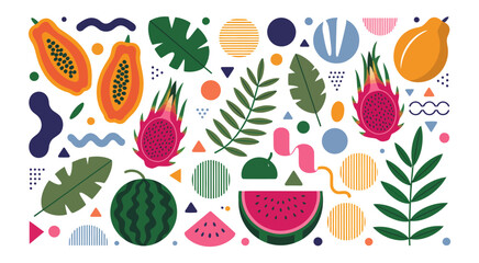 a vibrant and playful abstract composition featuring tropical fruits like papaya and dragon fruit, ranked titles concept, hierarchy freshness symbols, premium creative levels for modern graphic and su © MSTFARIDA
