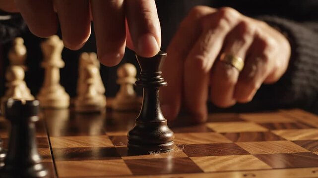 Close-up of hand moving chess piece, strategic game, checkmate concept