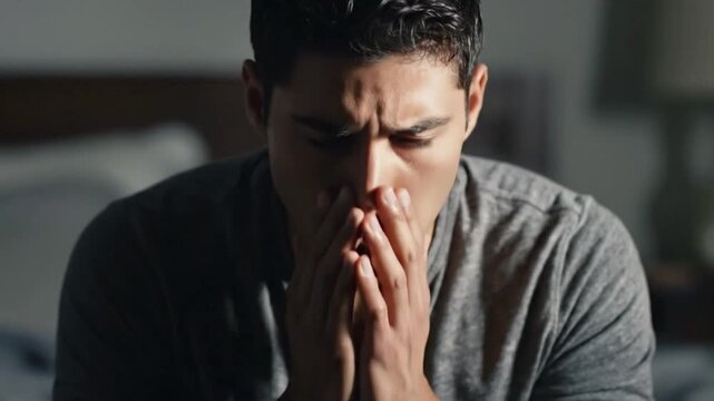 Man sitting on bed with hands on head in room while looking stressed in different light conditions during early morning hours