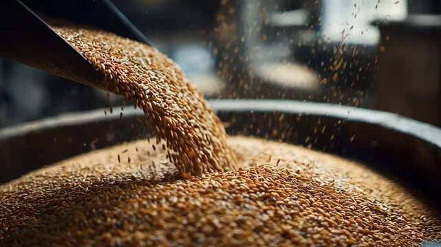 Medium shot capturing cereal grains being traded peertopeer in a blockchainpowered decentralized supply chain platform ensuring traceability.