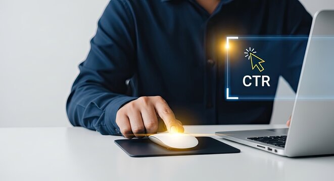 A person interacting with a laptop and a click through rate ctr metric