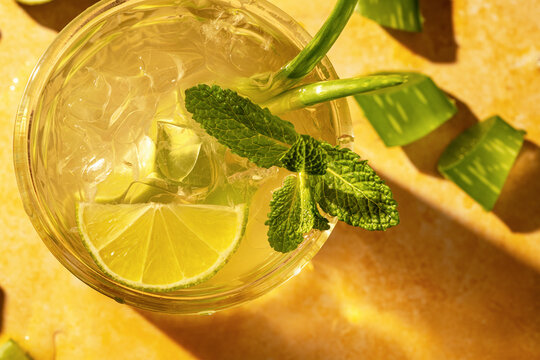 Aloe mojito drink with lime and mint