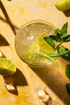 Refreshing aloe mojito cocktail with lime and mint