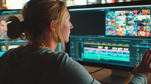Focused video editor selecting upbeat music and syncing it with photo slides enhancing the dynamic flow of a personalized slideshow on a computer screen.