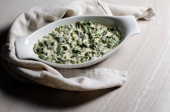 Creamed spinach in elegant serving dish