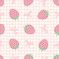 Seamless pattern with pink strawberries and ribbons on a gingham background. Coquette aesthetic for summer textiles and decor.