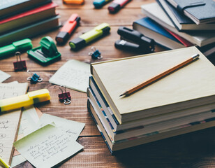 Fototapeta premium Vibrant collection of study materials including books, highlighters, and pencils on a rustic wooden desk. Perfect for illustrating education, productivity, and academic planning.