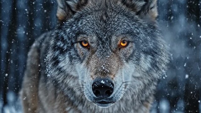Intense wolf face in snowy winter forest with glowing eyes