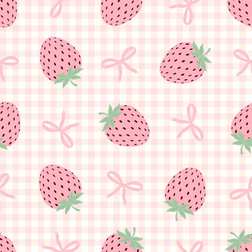 Seamless pattern with pink strawberries and ribbons on a gingham background. Coquette aesthetic for summer textiles and decor.