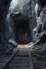 Underground Mine Entrance with Rails Leading into Dark Tunnel