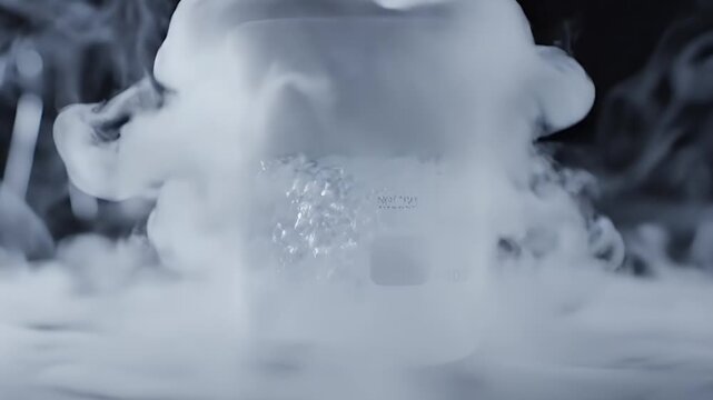 A beaker overflows with steaming vapor, bubbles in the liquid, surrounded by swirling mist
