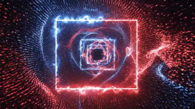 Colorful particles move in a swirling pattern through a square shape at a fast pace in a digital space