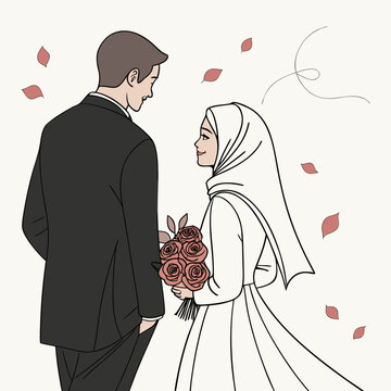 Muslim Bride and Groom Wedding Portrait with Rose Bouquet