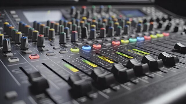 Close-up of a sound mixing console with various knobs, sliders, and buttons. Focus is on controls