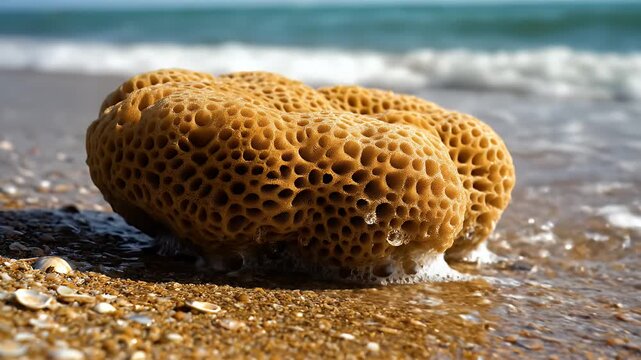 A porous, golden-brown sea sponge sits at water's edge, embraced by foamy waves
