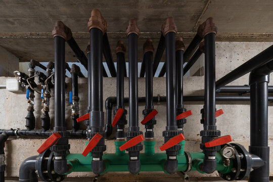 Industrial HVAC pipe system with valves in infrastructure