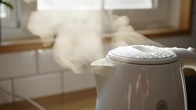 A steaming white electric kettle, droplets on the lid, near a window