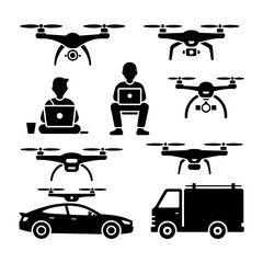 Silhouettes of drones and people operating laptops surround delivery vehicles for logistics.